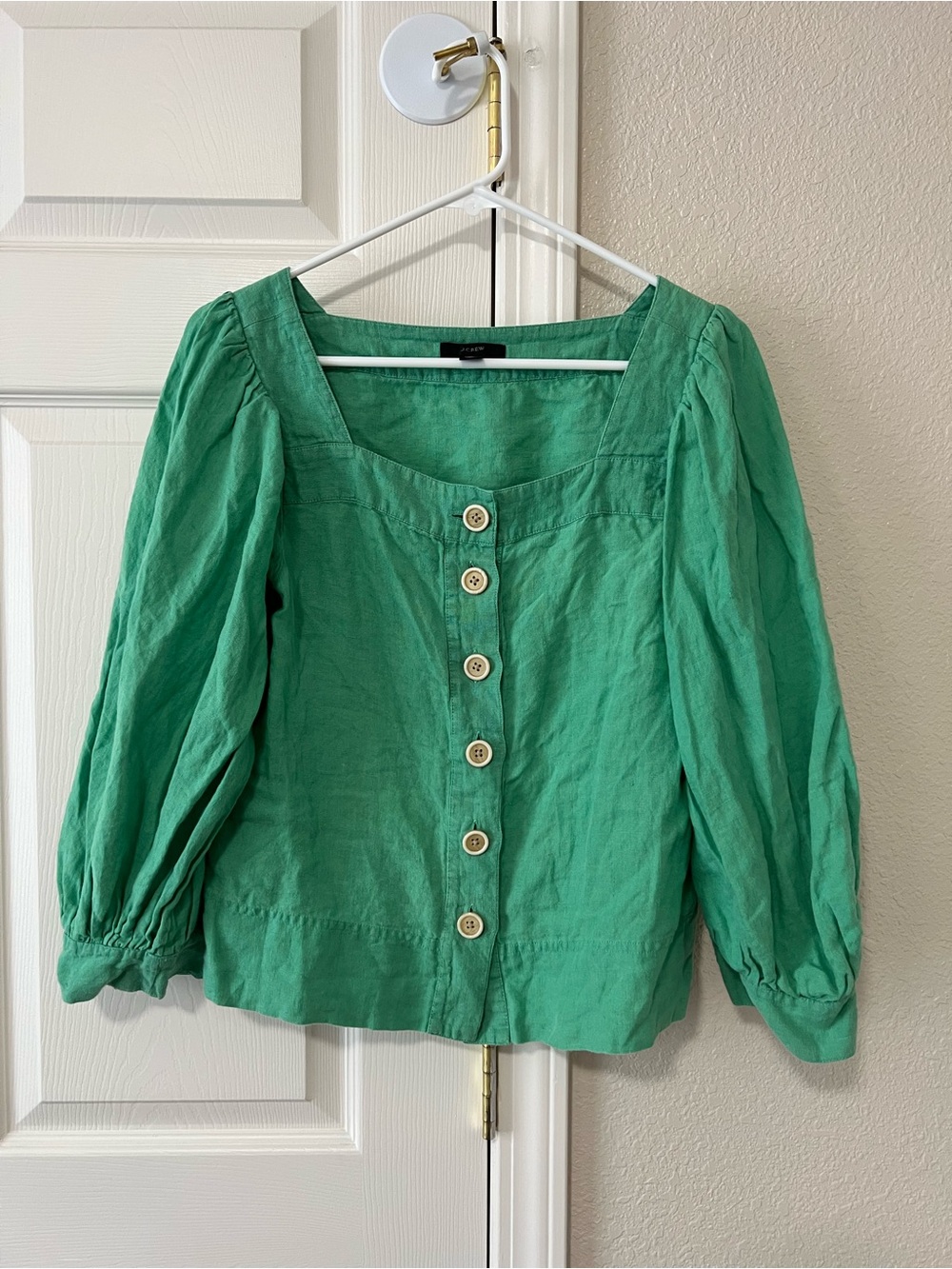 J.Crew Green 100% Linen Button Front Puff Sleeve Blouse Top Small BG249